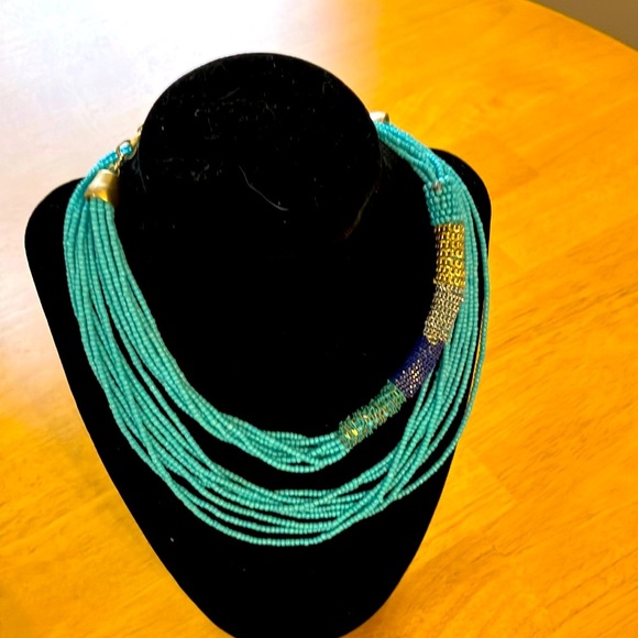 Chico's Necklace - multi-strand beaded turquoise blue and gold - Picture 1 of 10